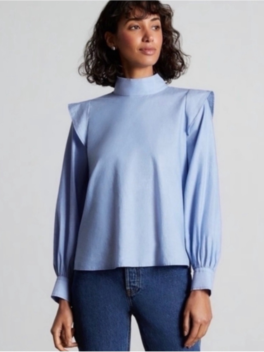 Everlane Wing-Shoulder Mockneck Blue Cotton Blouse NWT size 6